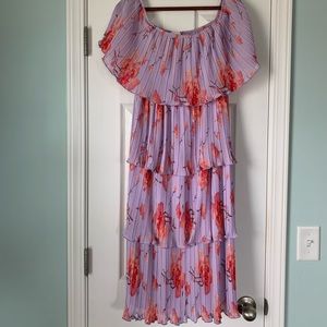 Lavender floral pleated off shoulder dress